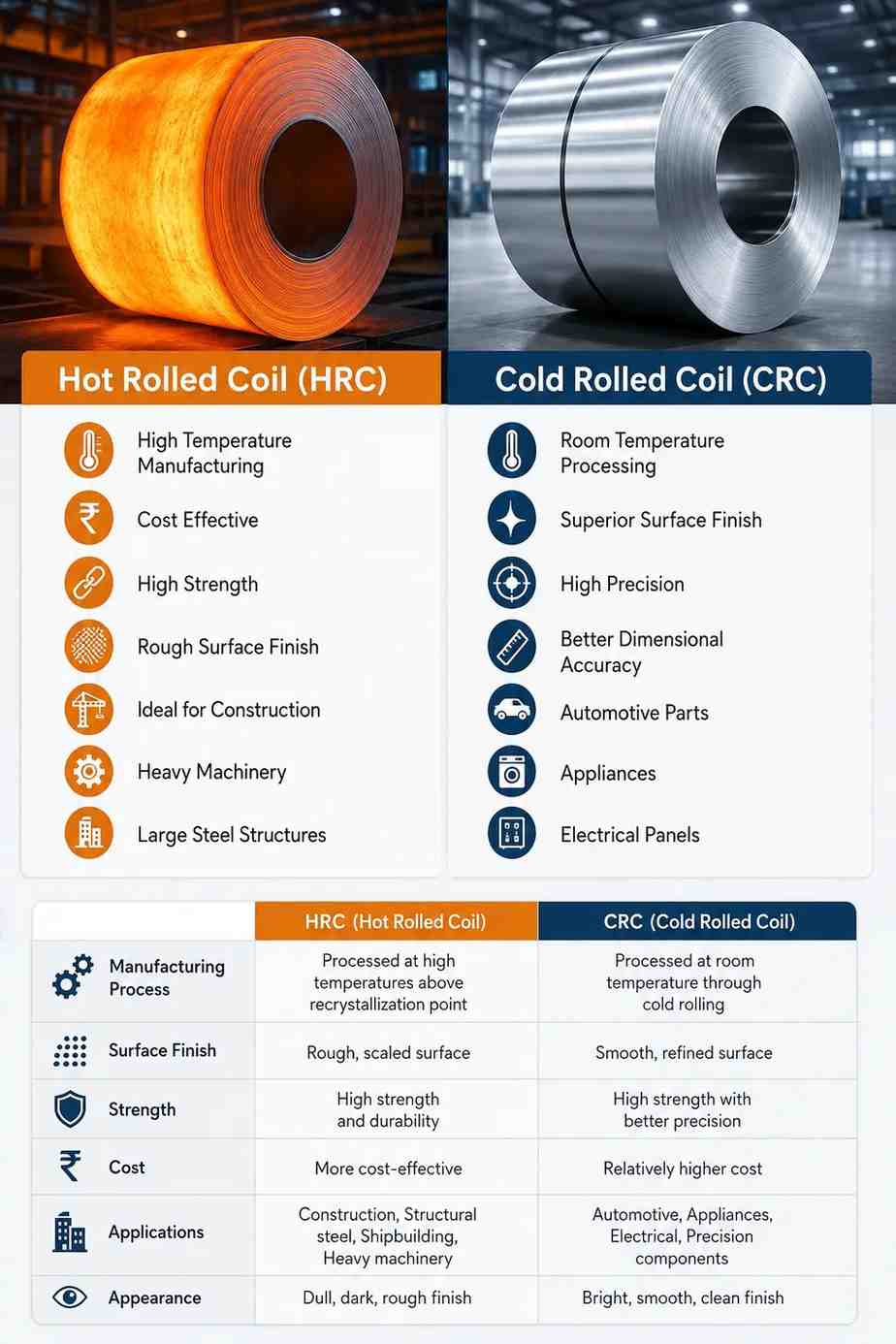 Hot Rolled Coil vs Cold Rolled Coil Comparison chart showing differences between Hot Rolled Coil and Cold Rolled Coil